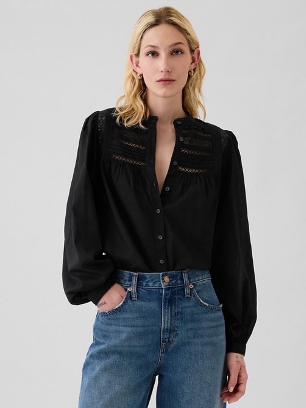 GAP Black Lace-Yoke Button Front Cotton Blouse